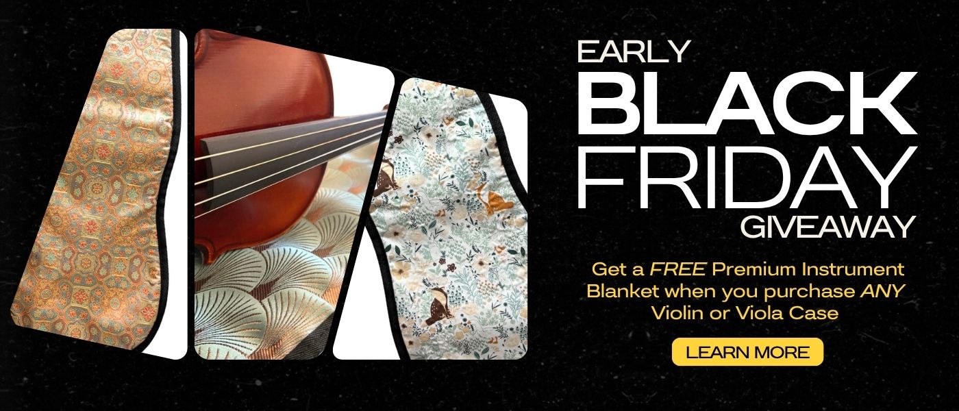 Black Friday giveaway banner with violin, instrument blankets, and promotional text.