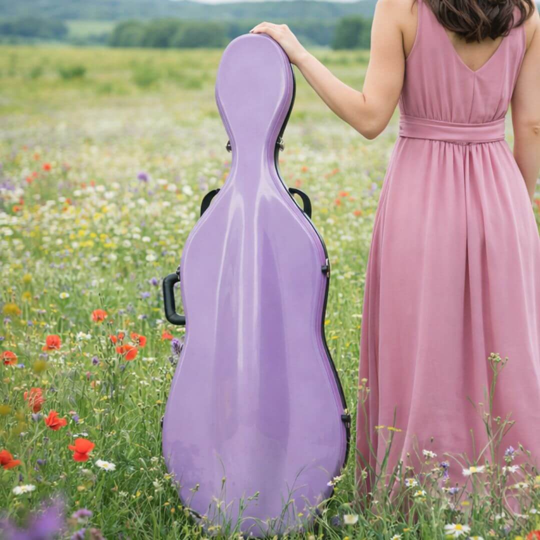 A woman in a long pink dress stands with a purple cello case in a field of wildflowers.