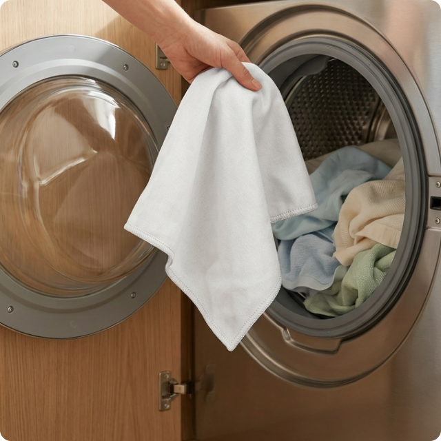 A hand placing a white cloth into a front-loading washing machine full of clothes.