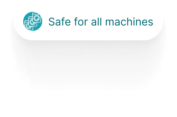 An icon of three washing machines next to the text, 'Safe for all machines'.