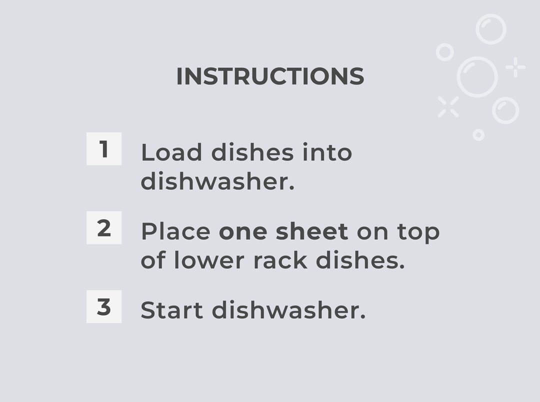 A list of three instructions for using dishwasher sheets, with a graphic of bubbles in the corner.