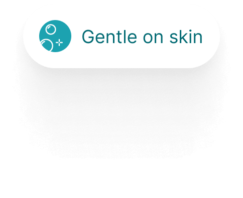 An icon with bubbles and the text 'Gentle on skin' on a green background.
