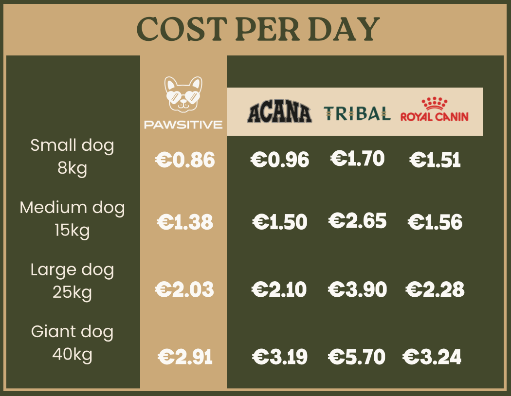 A chart comparing the daily cost of dog food brands for different dog sizes.