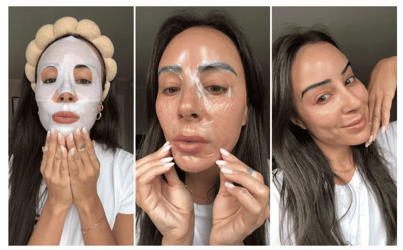 Three images of a woman applying and removing a face mask.