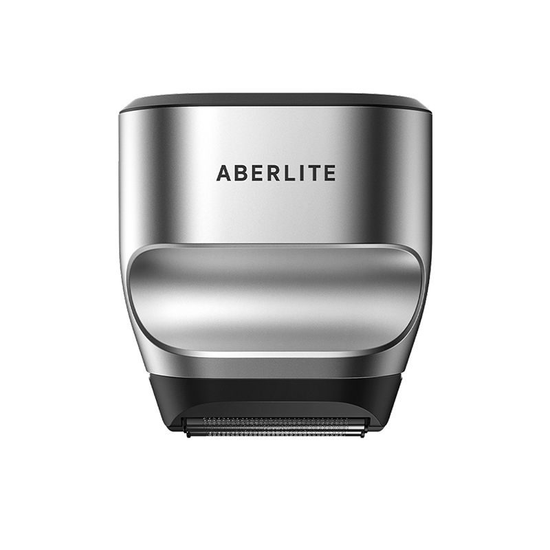 A close-up, front-facing view of a silver and black Aberlite electric shaver head on a white background.