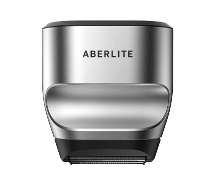 A front view of a silver and black electric shaver head with the brand name ABERLITE.