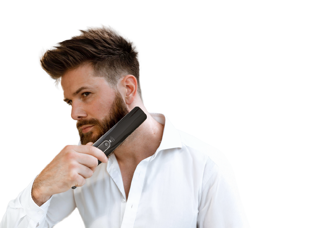 Man in white shirt using a grooming tool on his beard.