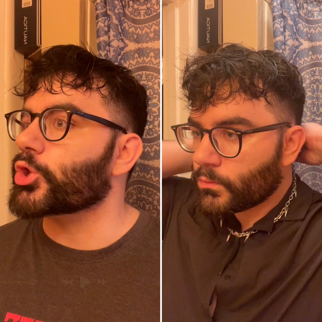 Two images of a bearded man with glasses in a bathroom.
