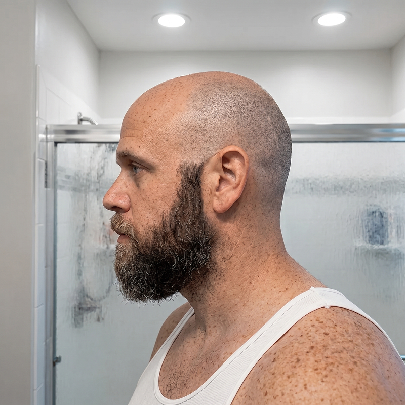 A man with a shaved head, beard, and white tank top shown in profile in a bathroom.