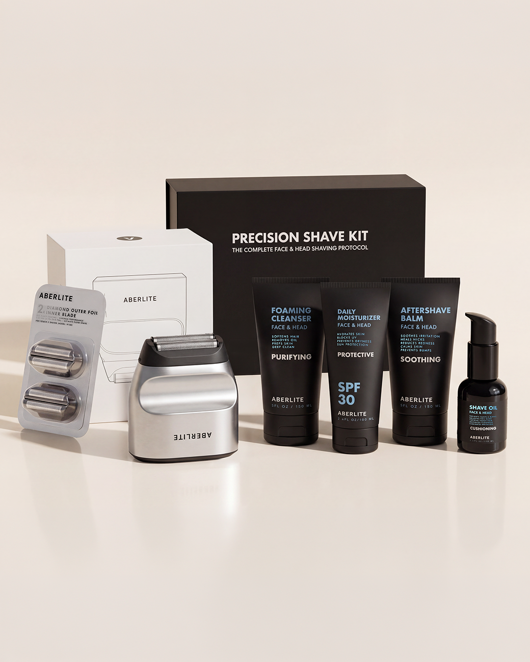 The Aberlite Precision Shave Kit with an electric razor, replacement blades, and various grooming products.