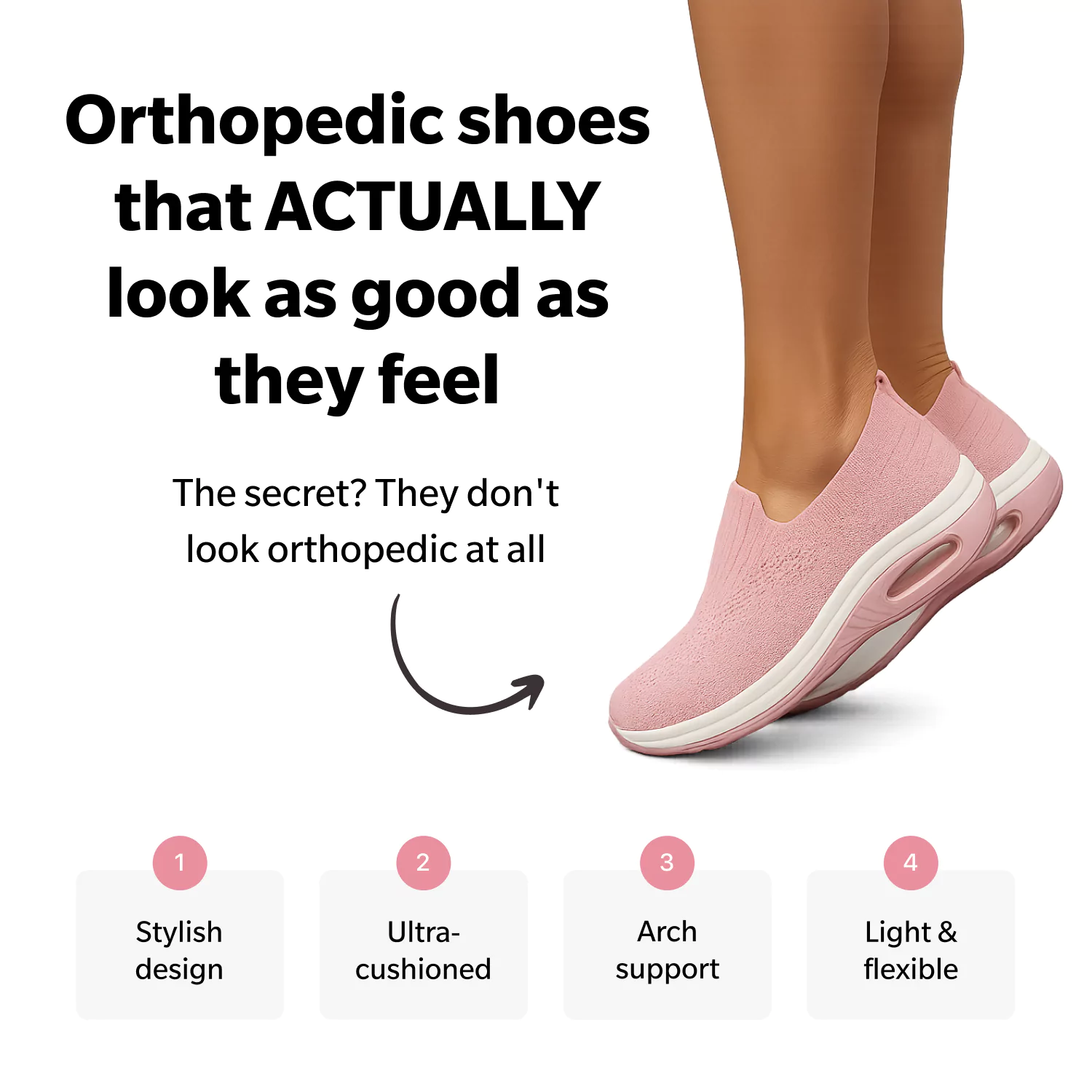 Pink orthopedic shoes with text highlighting stylish design, cushioning, arch support, and flexibility.