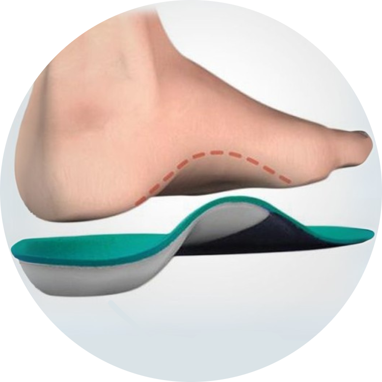 Foot above an orthopedic insole with a dashed line indicating arch support.