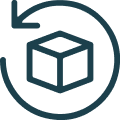 A dark teal icon of a box with a circular arrow around it, symbolizing returns or exchanges.