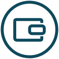A dark teal circular icon of a wallet.