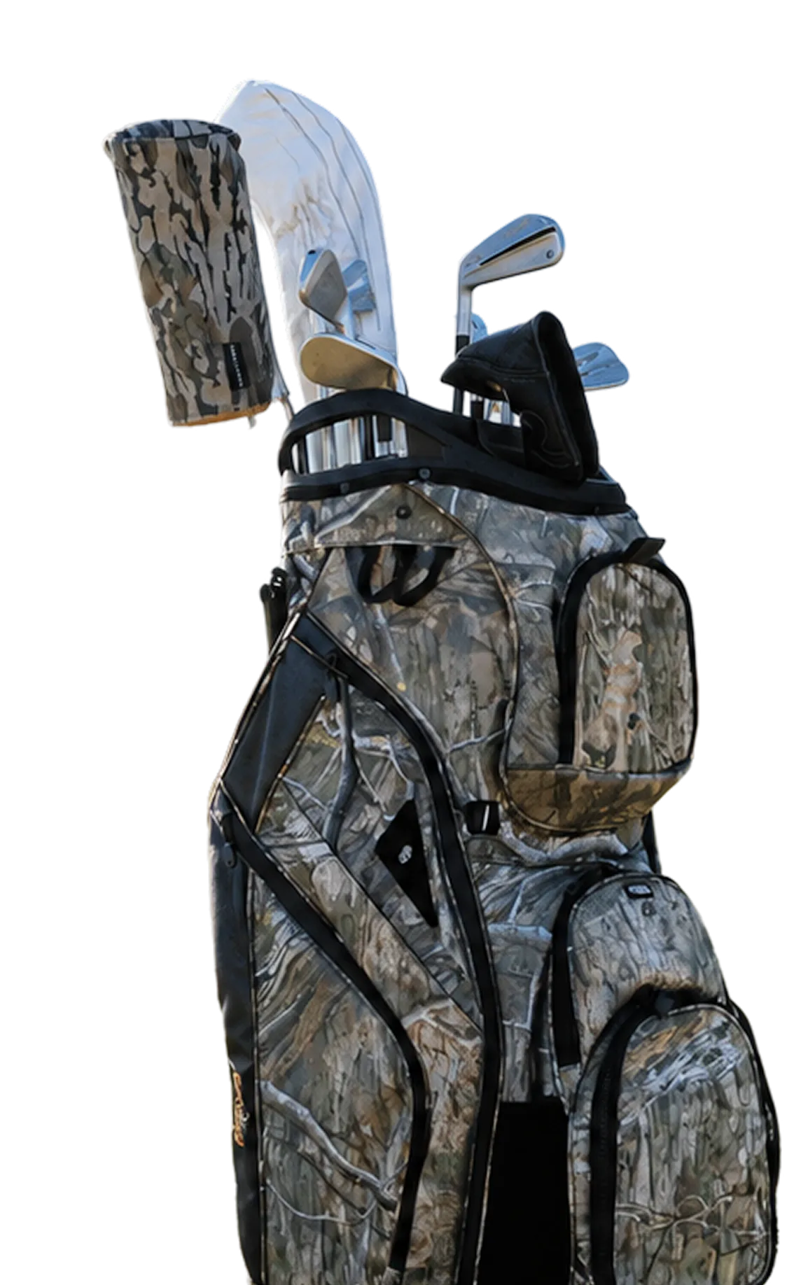A camouflage-print golf bag filled with a set of golf clubs against a white background.