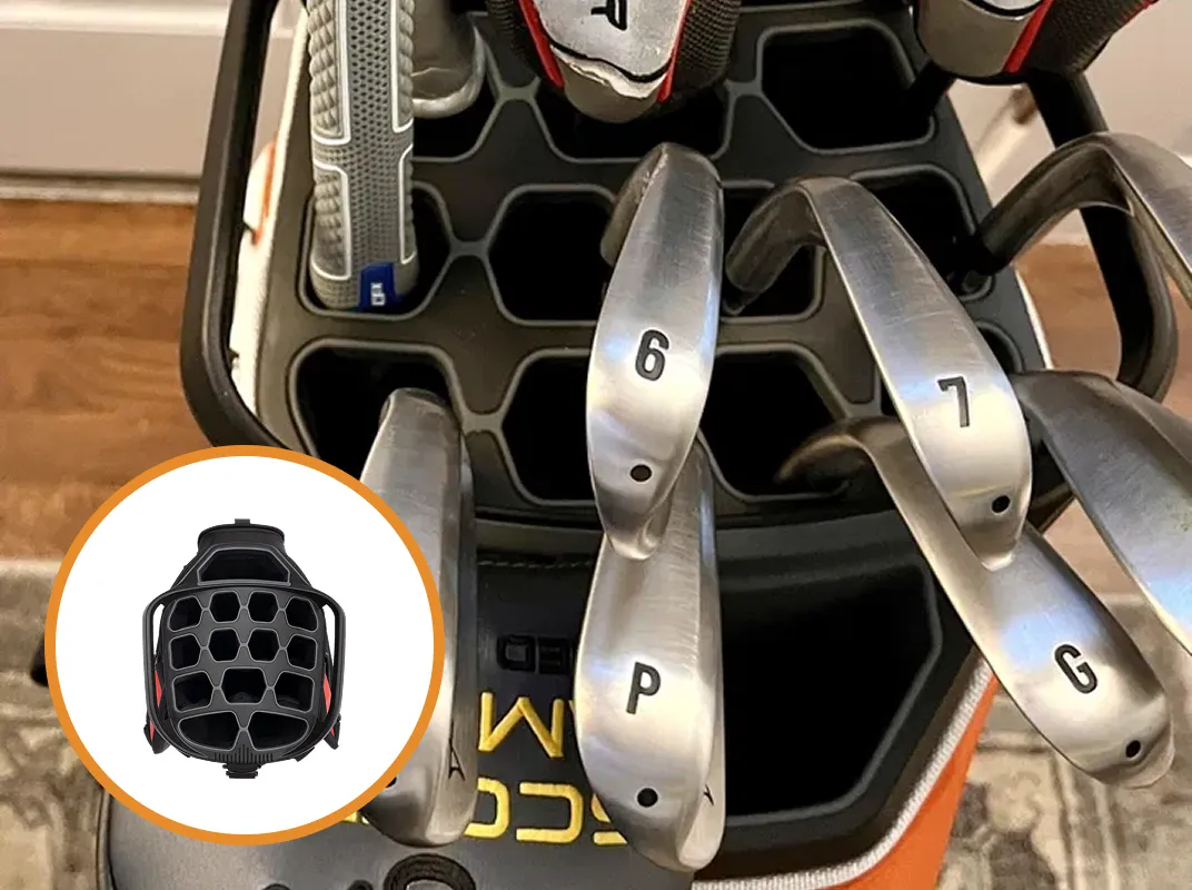 A close-up of golf clubs in a bag with a circular inset showing the bag's empty organizer.