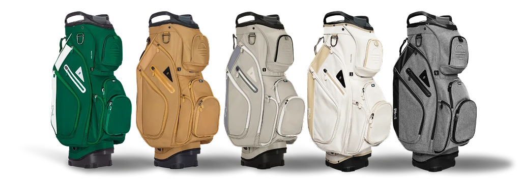 A row of five golf cart bags, each in a different color, against a white background.