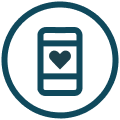 A dark teal icon of a smartphone with a heart on the screen, enclosed in a circle.