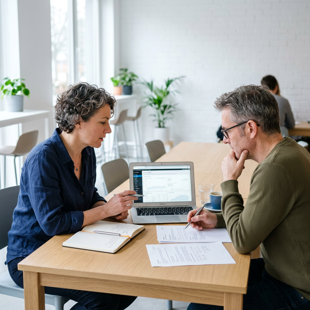A woman and a man sit at a table reviewing information on a laptop and paper documents.