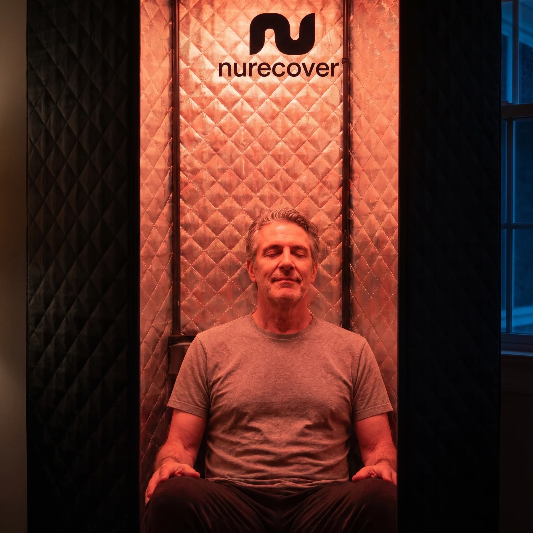 A man sits with his eyes closed in a quilted, red-lit pod with the NURECOVER logo above.