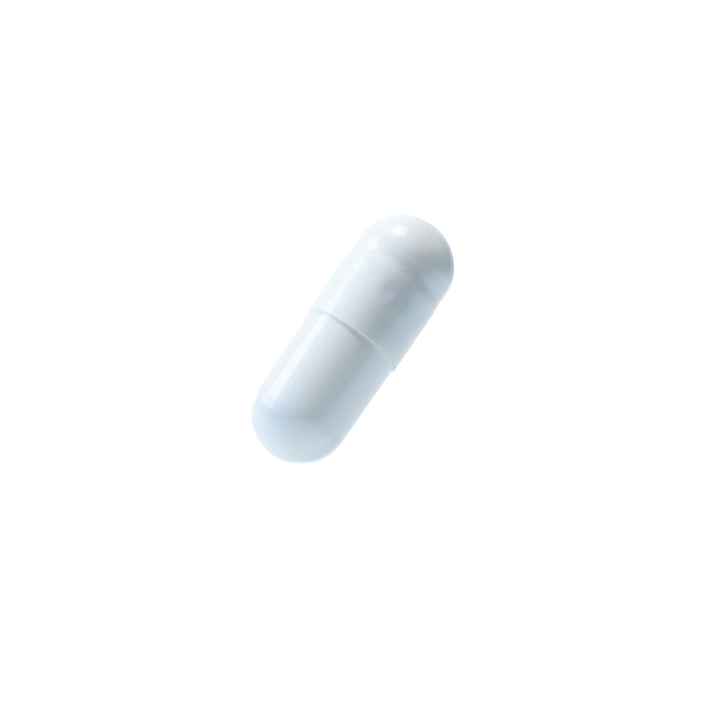 A single, glossy white capsule pill against a plain white background.