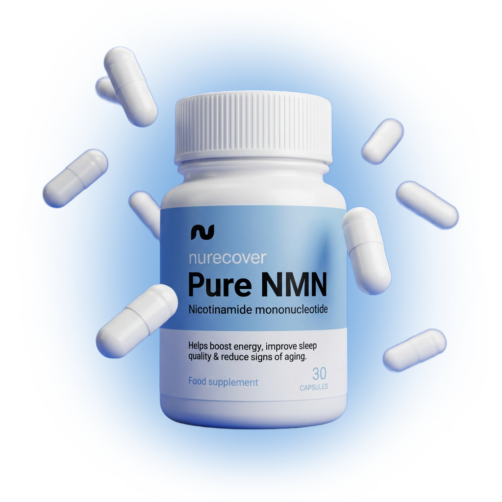 A white bottle of nurecover Pure NMN supplements with white capsules floating around it against a blue glow.