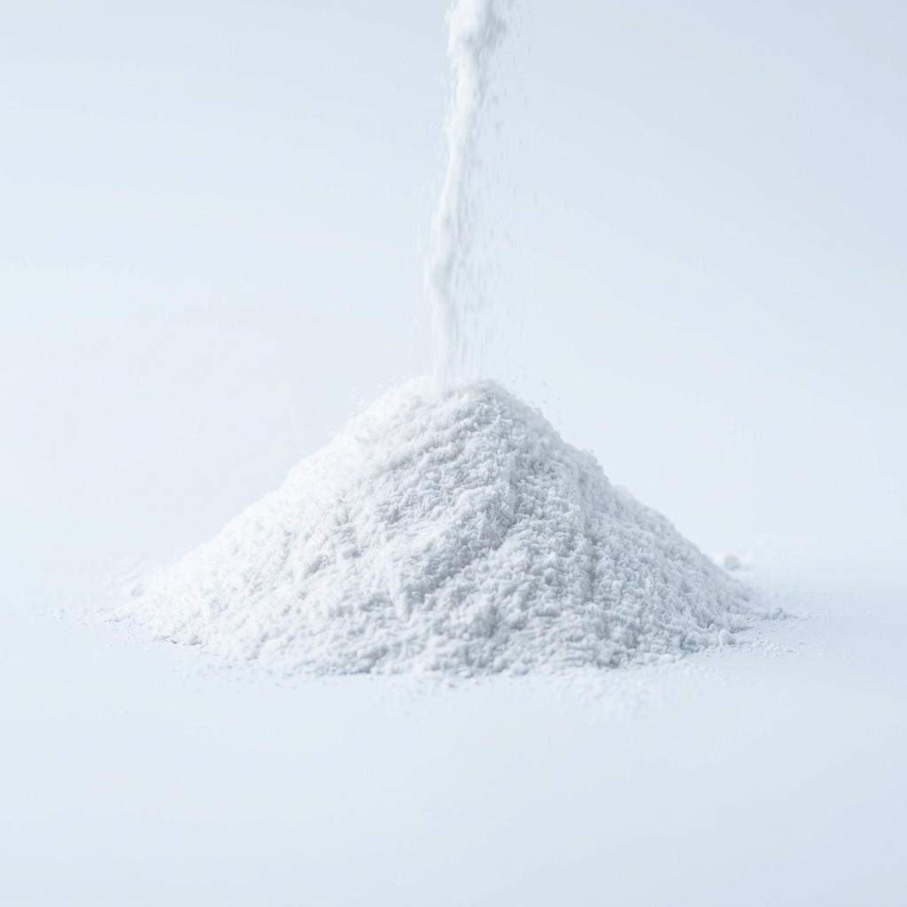 White powder being poured into a pile against a plain white background.