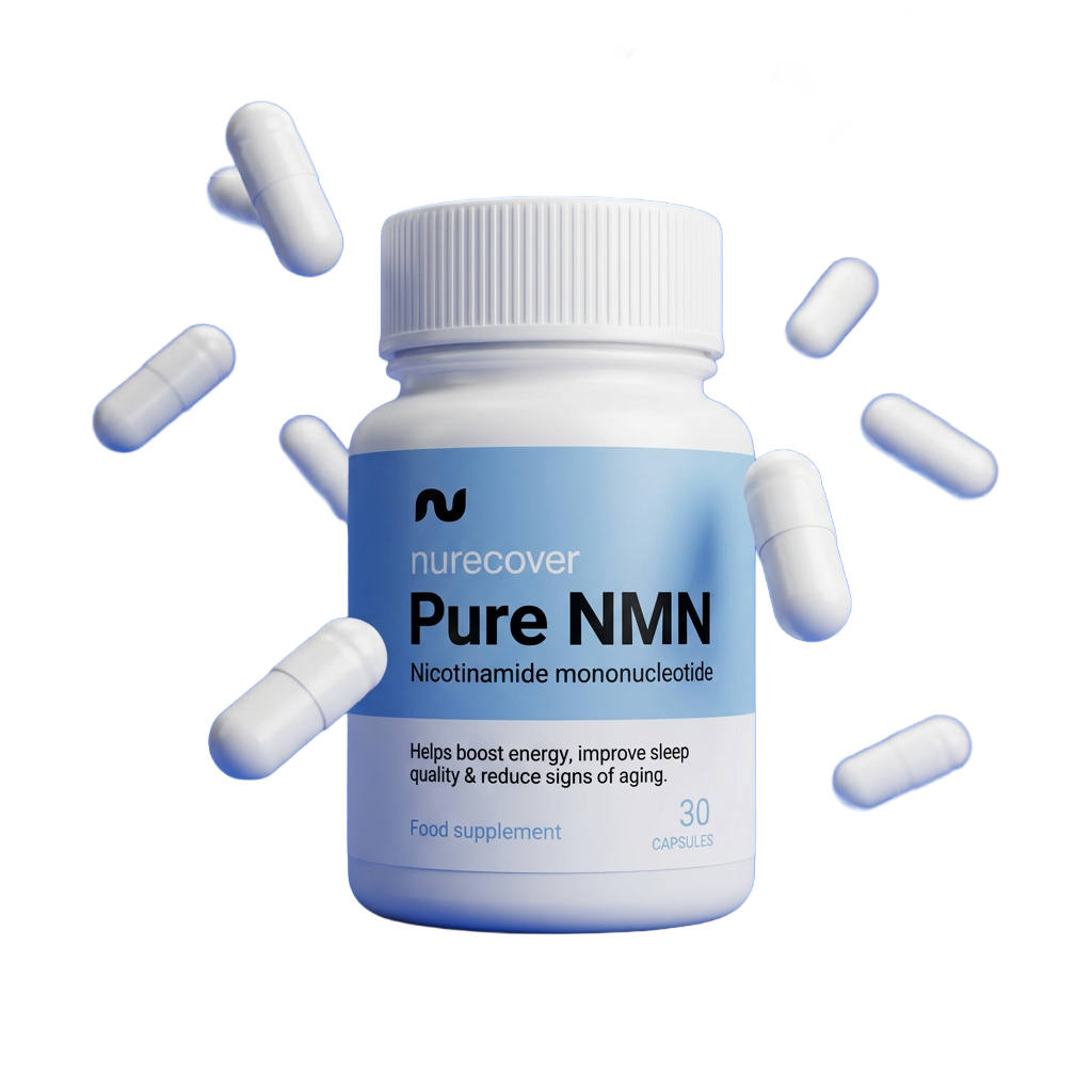 A white bottle of nurecover Pure NMN supplements, with several white capsules floating around it.