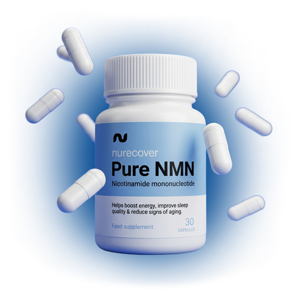 A bottle of nurecover Pure NMN supplements with several white capsules floating around it on a blue background.