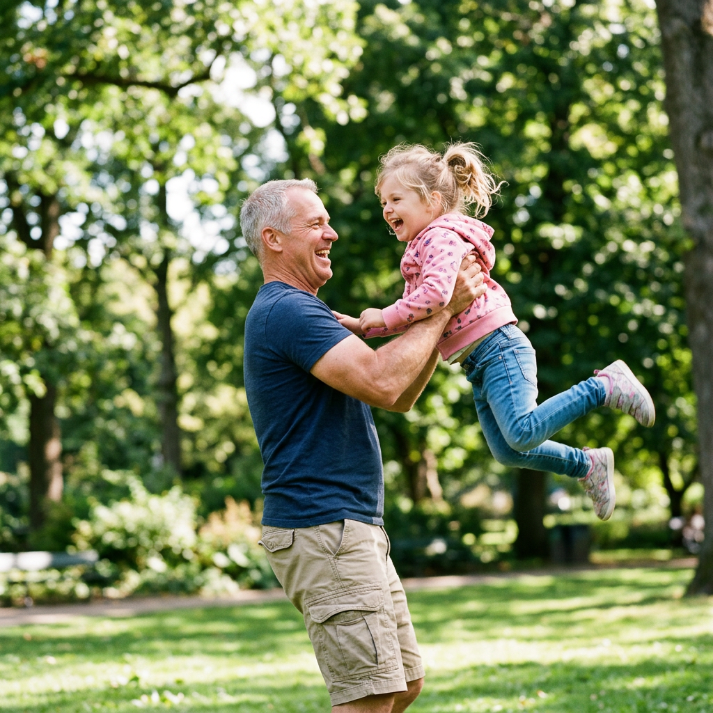 A smiling man lifts a laughing young girl into the air in a grassy park with trees.