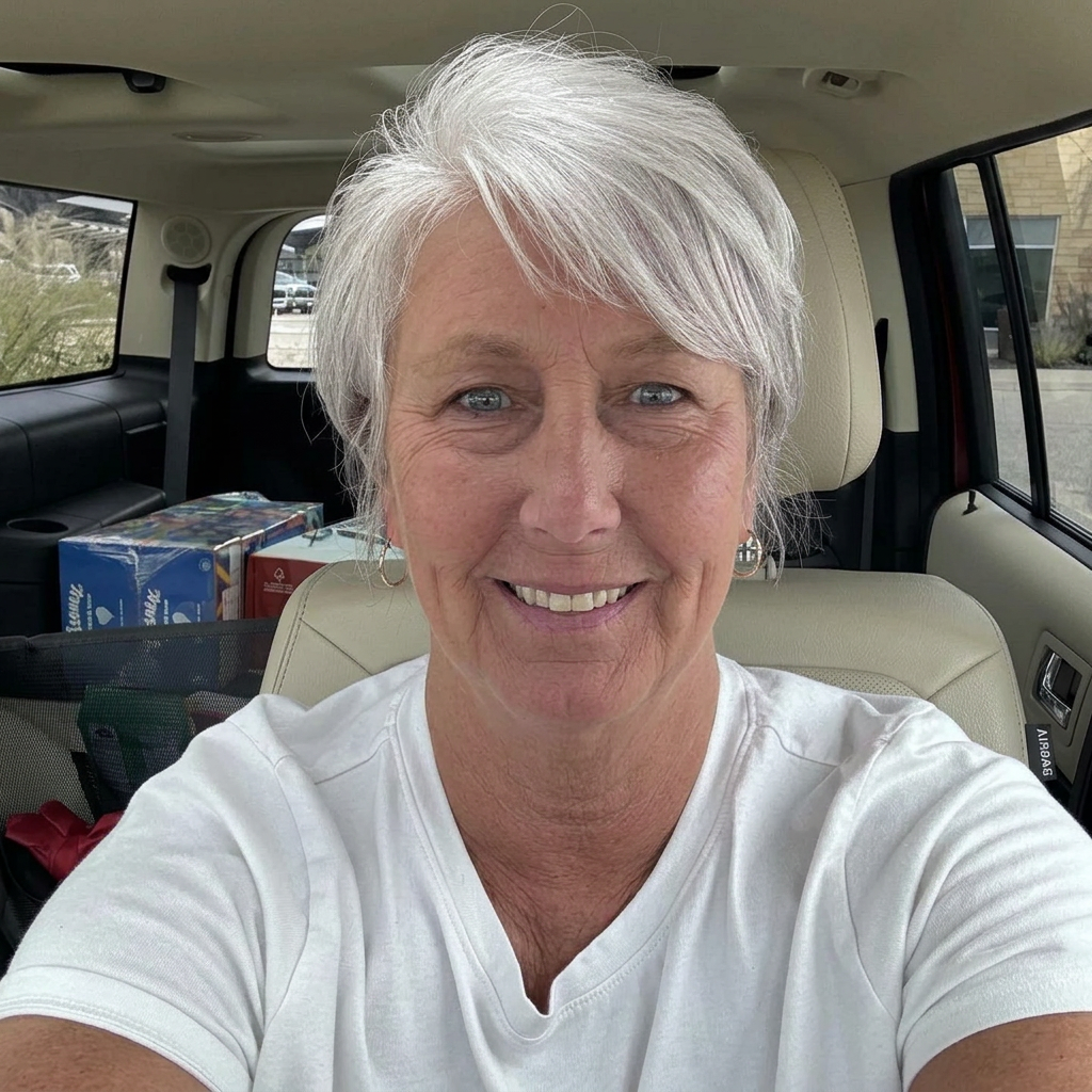 A woman with short, gray hair and a white t-shirt smiles for a selfie inside a car.
