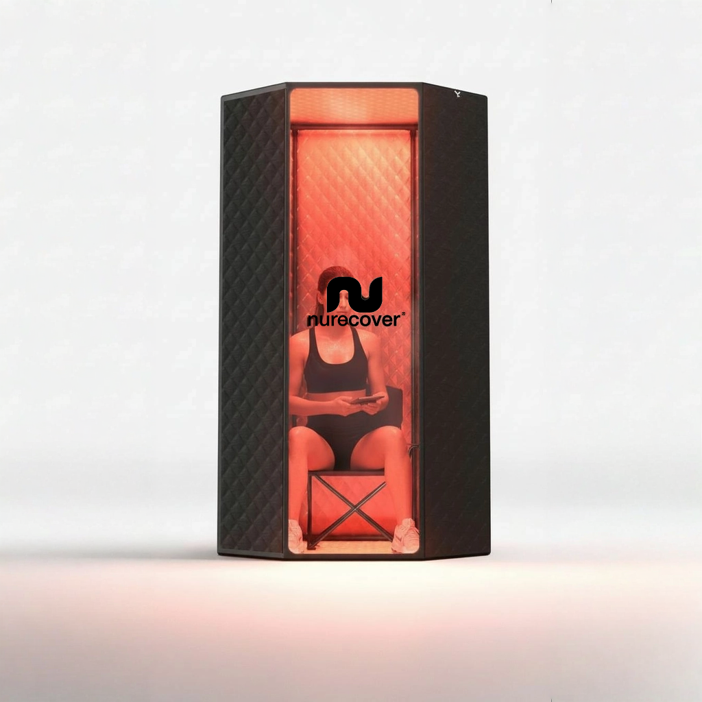A woman sits inside a black, quilted personal sauna pod with a glowing red interior.