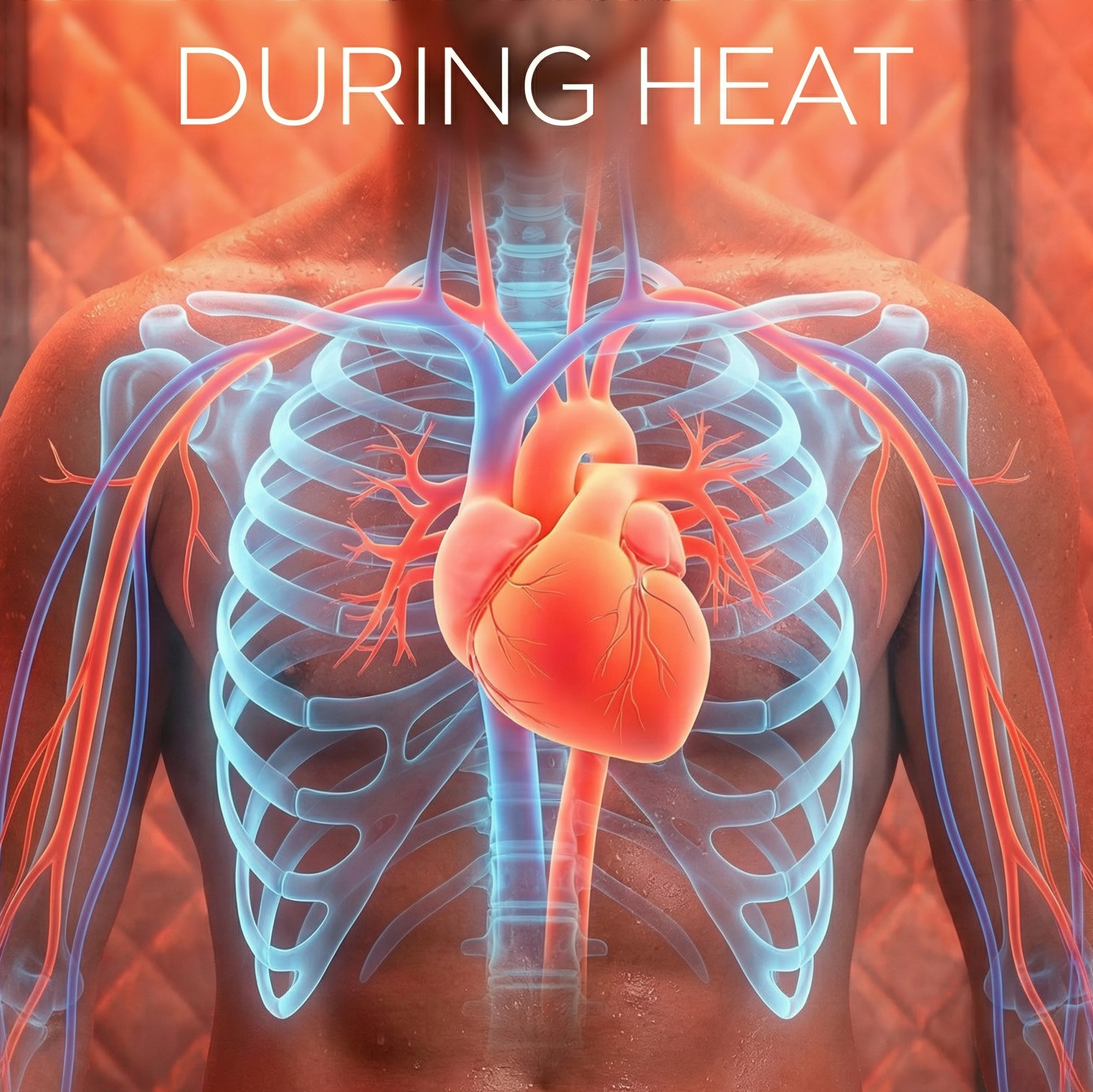 An anatomical illustration of the human heart and circulatory system overlaid on a person's chest, with text 'DURING HEAT'.