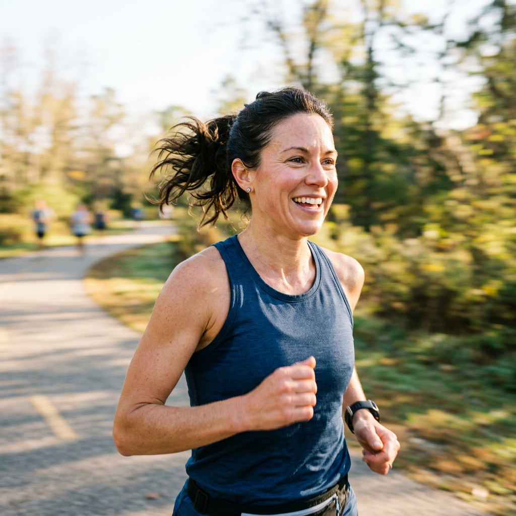 A smiling woman with dark hair in a ponytail runs on a paved path in a park.