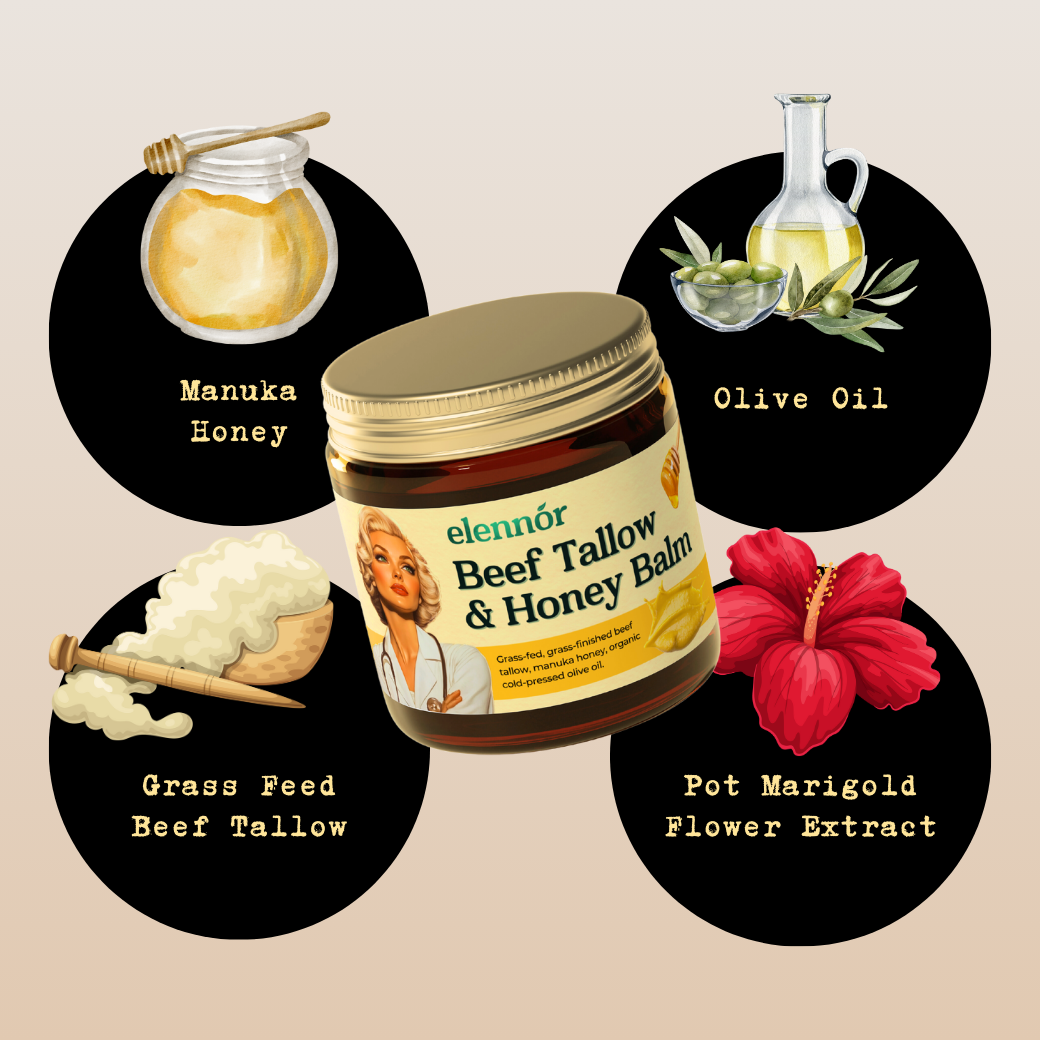 'Beef tallow and honey balm with natural ingredients including honey, olive oil, and marigold extract.'