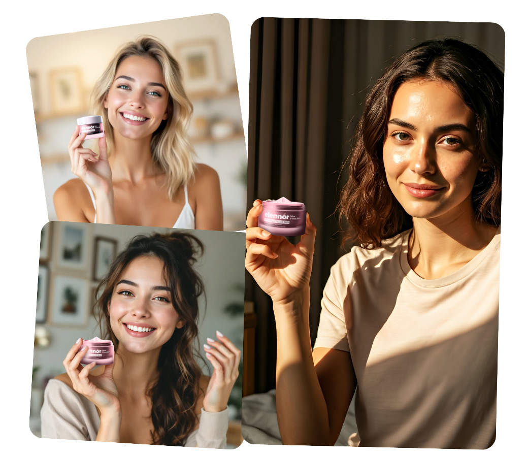 Three women smiling, each holding a jar of skincare cream.