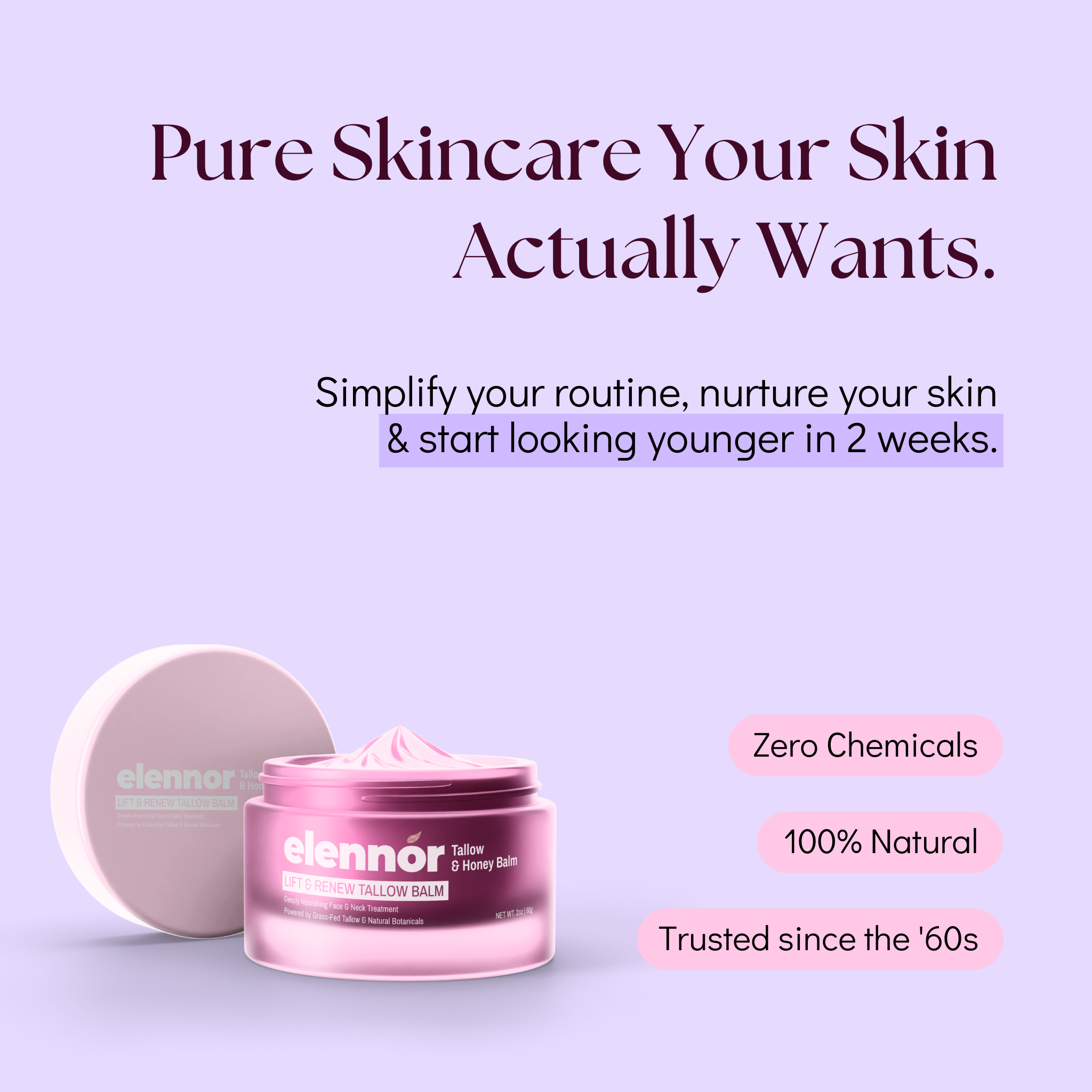 Skincare product advertisement with a pink jar and text promoting natural ingredients.