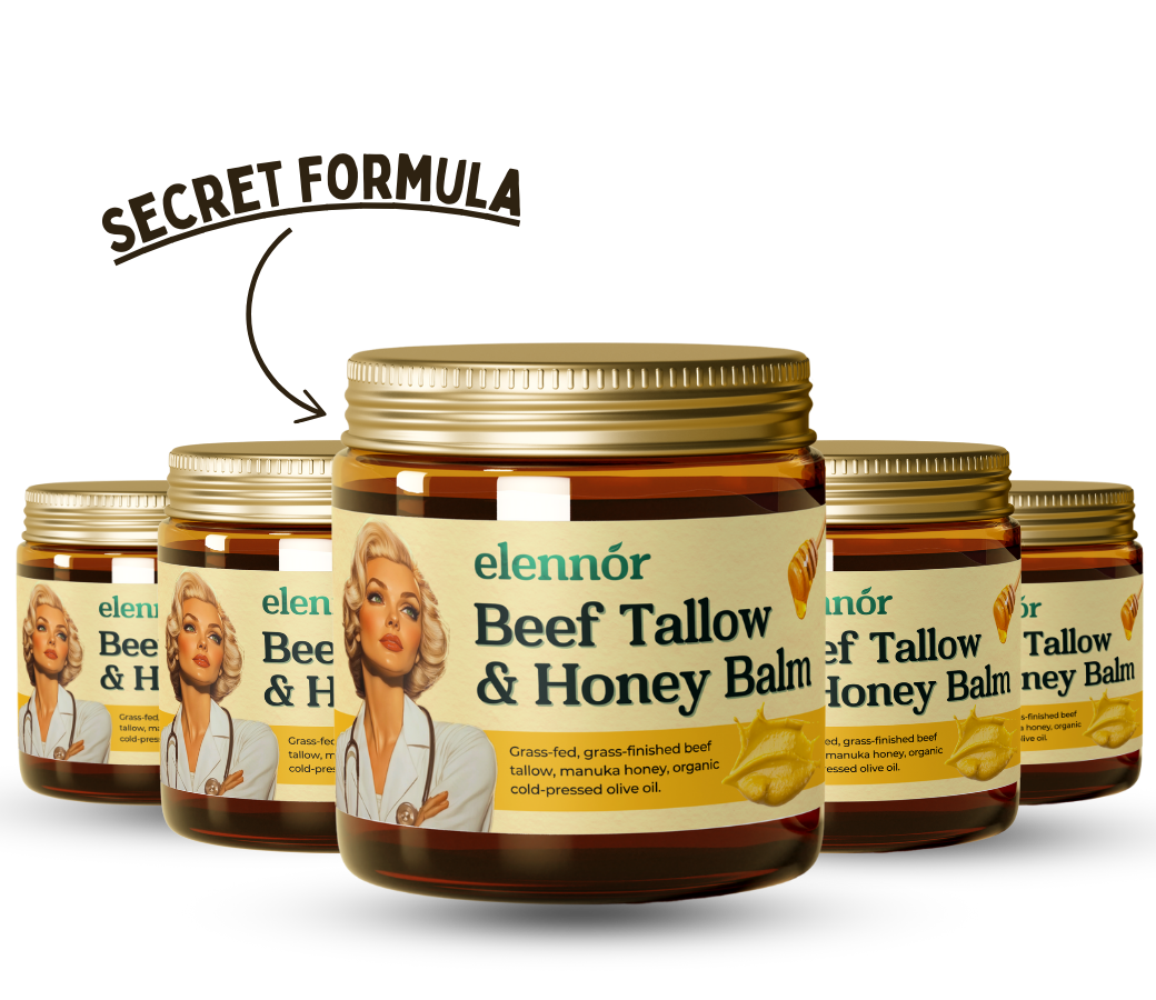 Jars of Elennor Beef Tallow & Honey Balm with a 'Secret Formula' label.