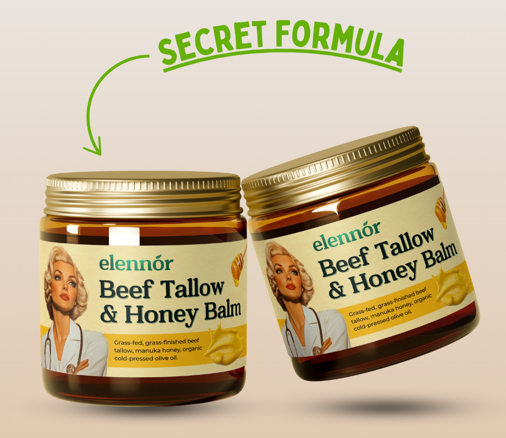 Two jars of Elennor Beef Tallow & Honey Balm with 'Secret Formula' text.