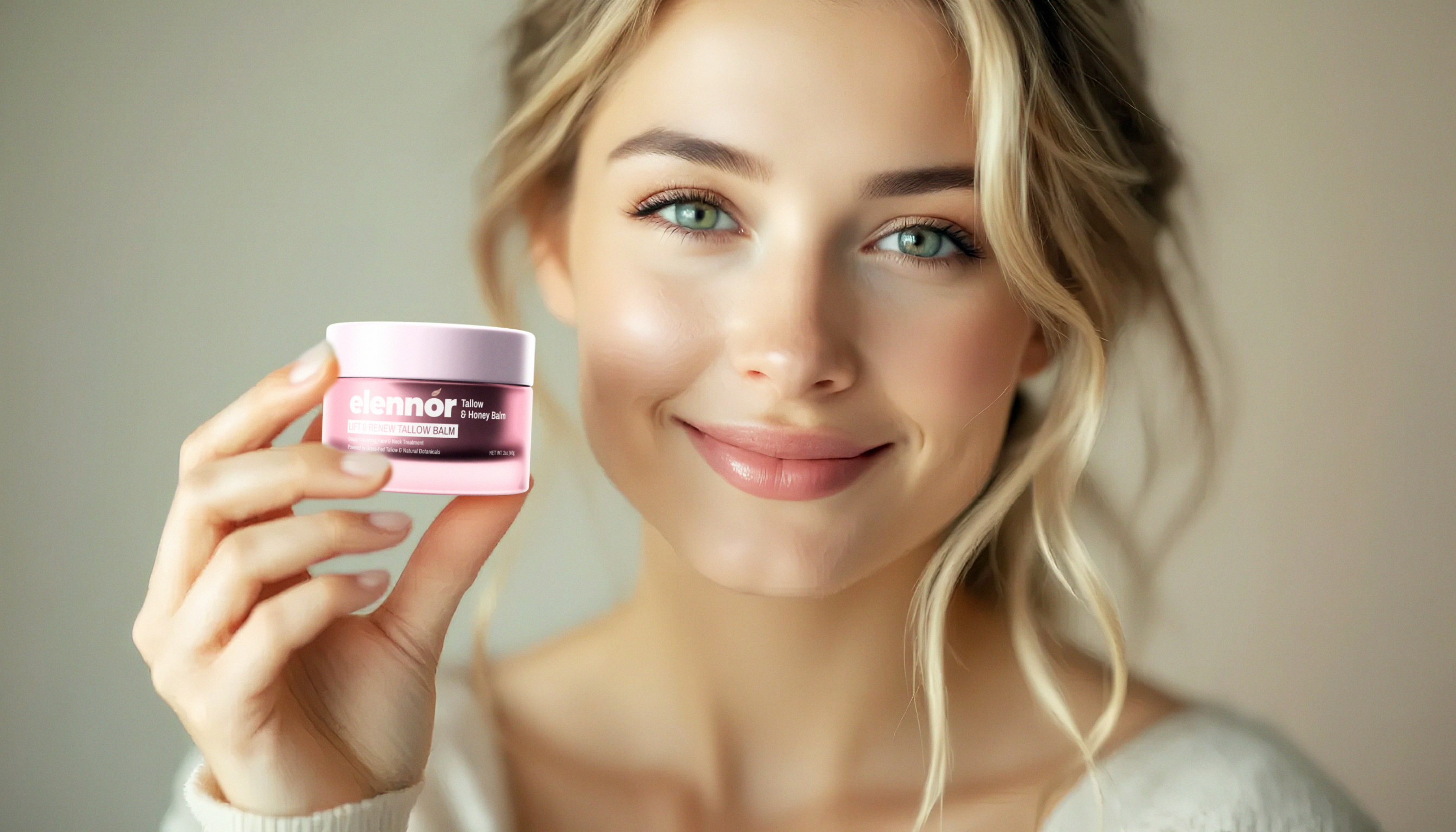 Person holding a pink jar of skincare balm, smiling.