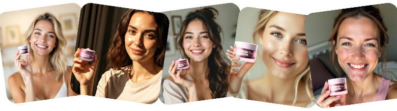 Five people smiling and holding skincare product jars.