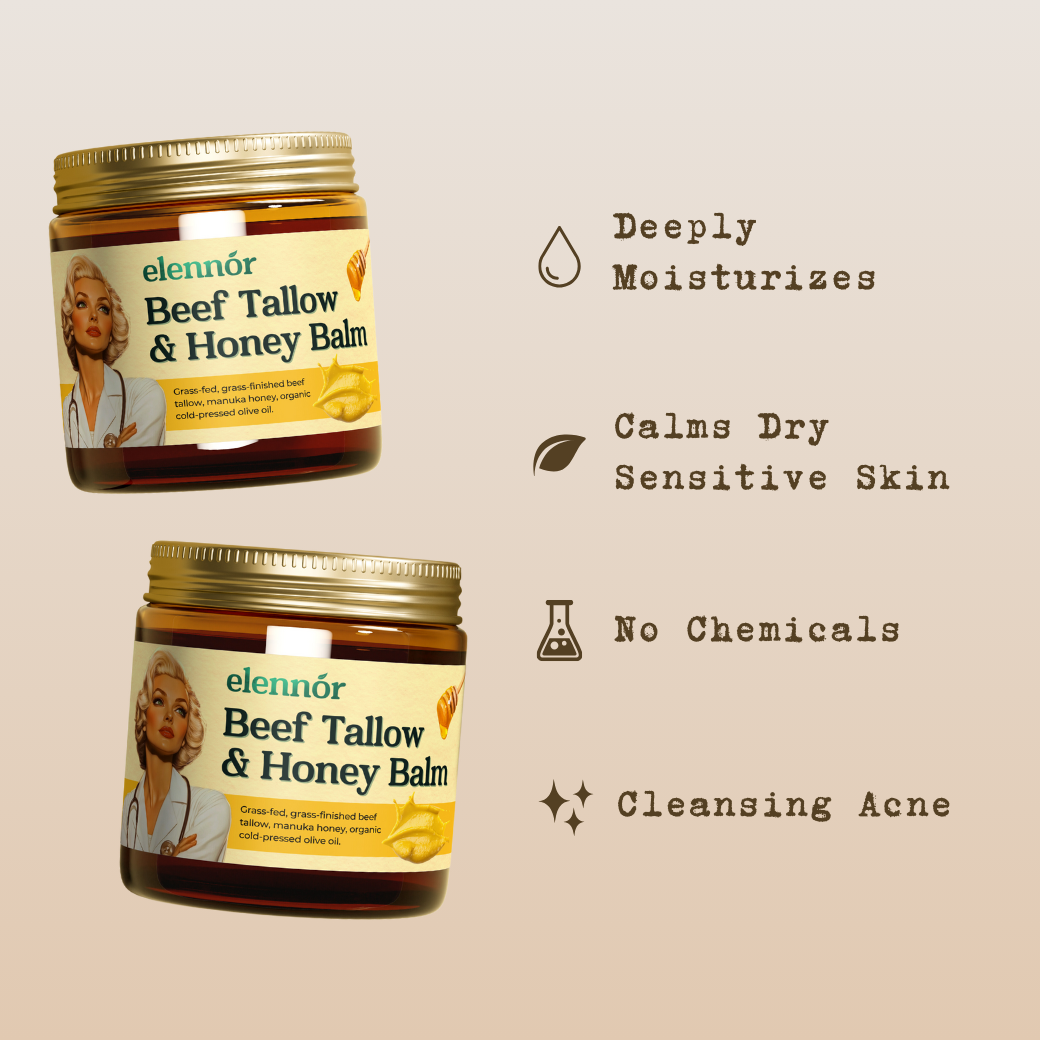 Elenor Tallow & Honey Balm highlighting benefits like wrinkle healing, deep hydration, and natural glow.