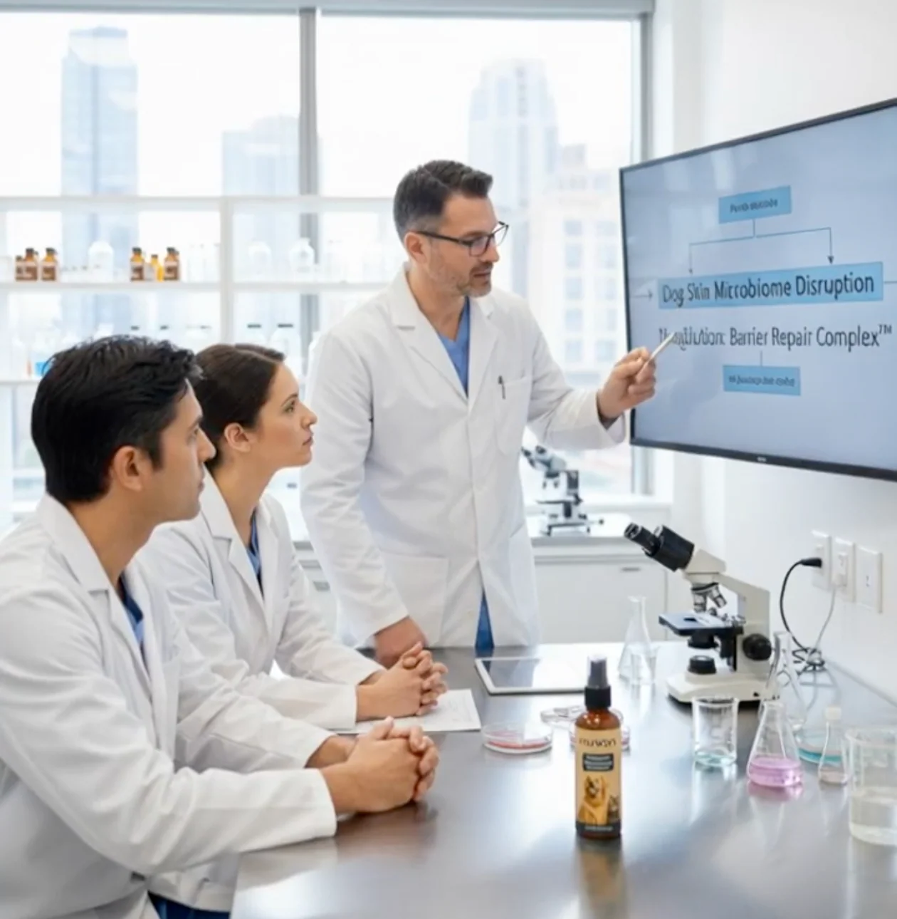 Three scientists in a lab review a presentation on a screen about dog skin microbiome disruption.