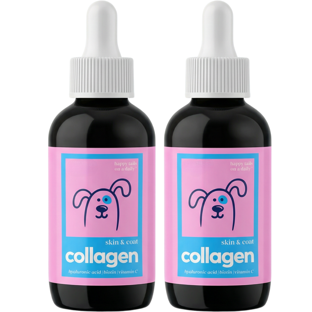 Two bottles with pink labels featuring a cartoon dog and text 'collagen skin & coat.'