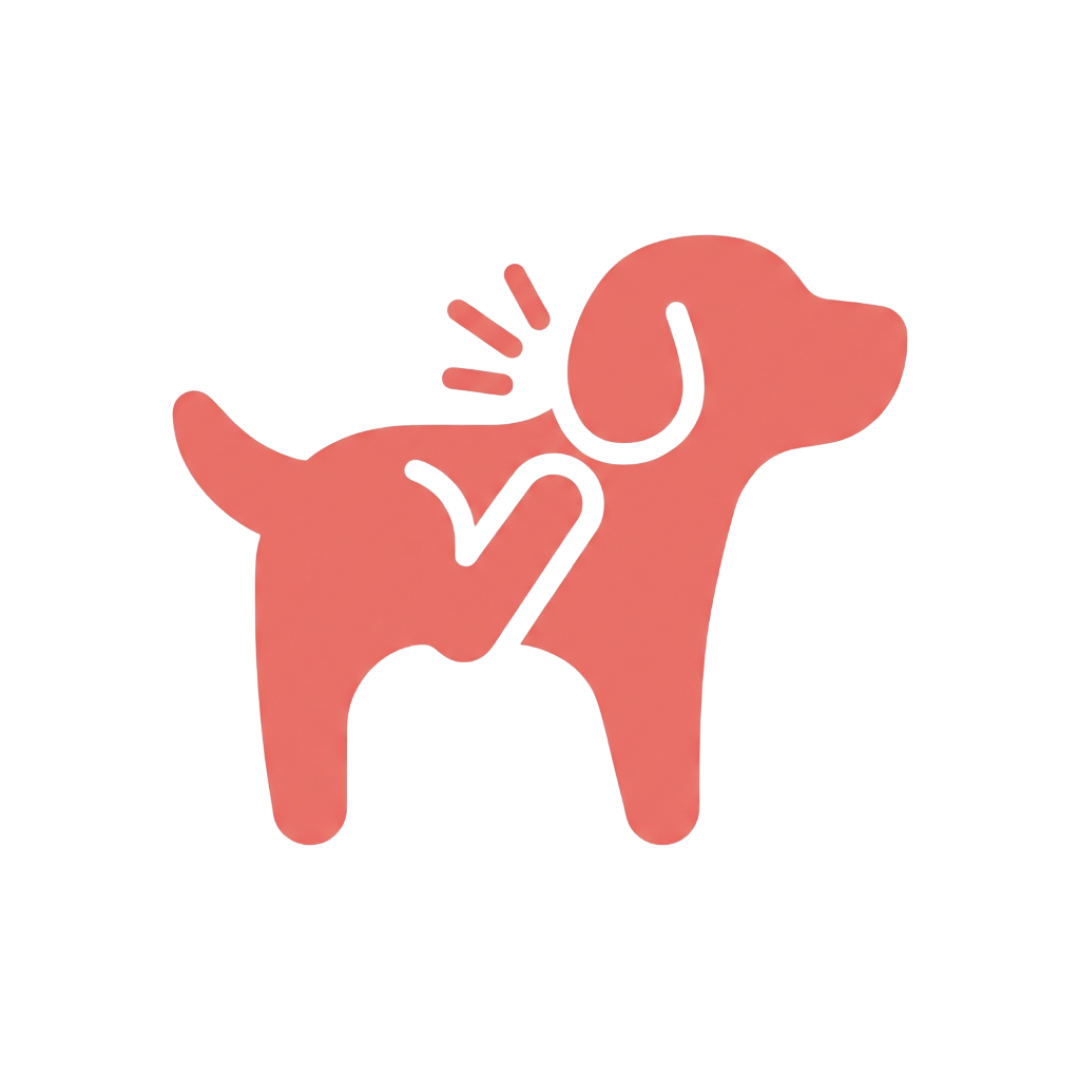 A pink icon of a dog with an itchy spot and a checkmark on its back.