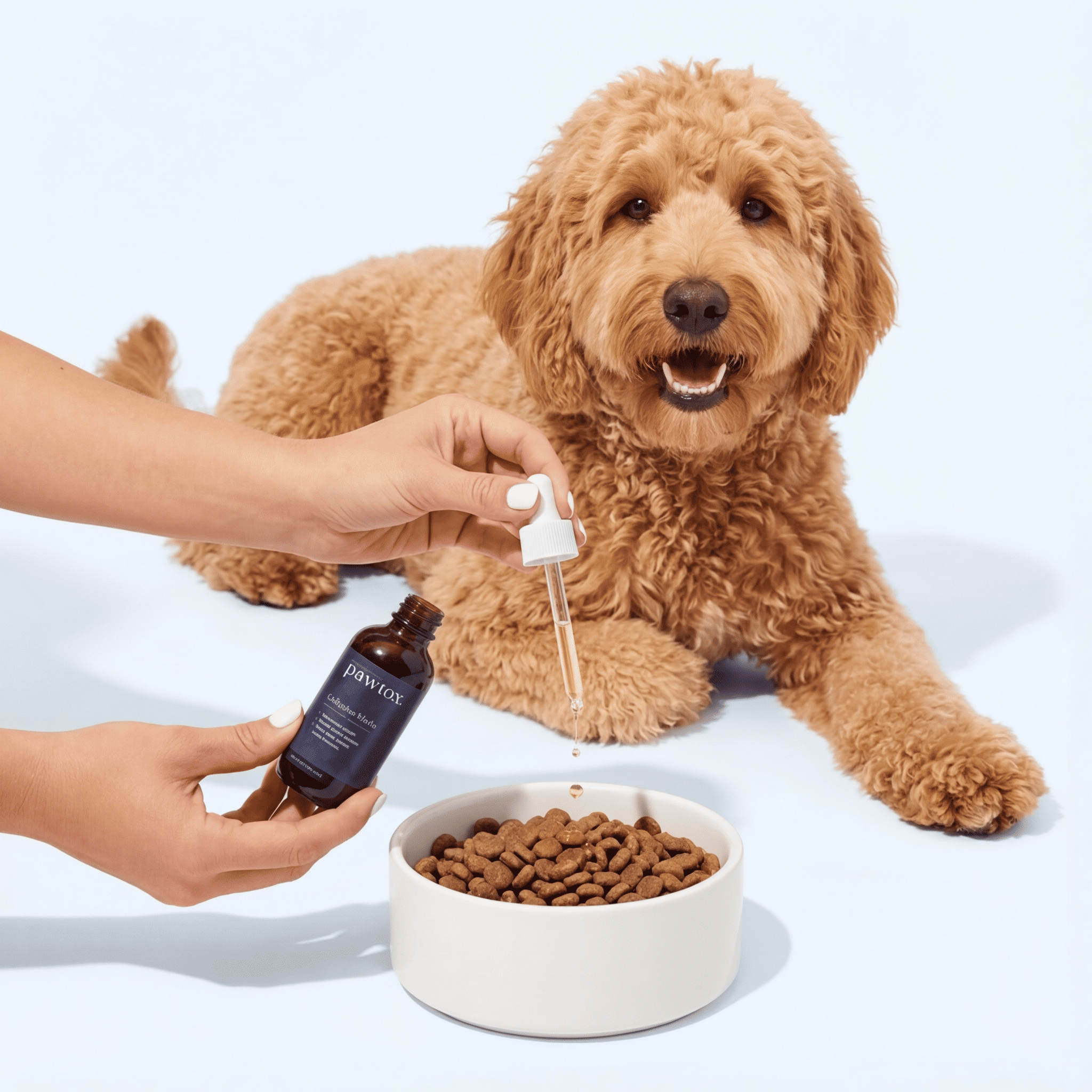 A person adds drops from a bottle to a bowl of dog food as a goldendoodle watches.