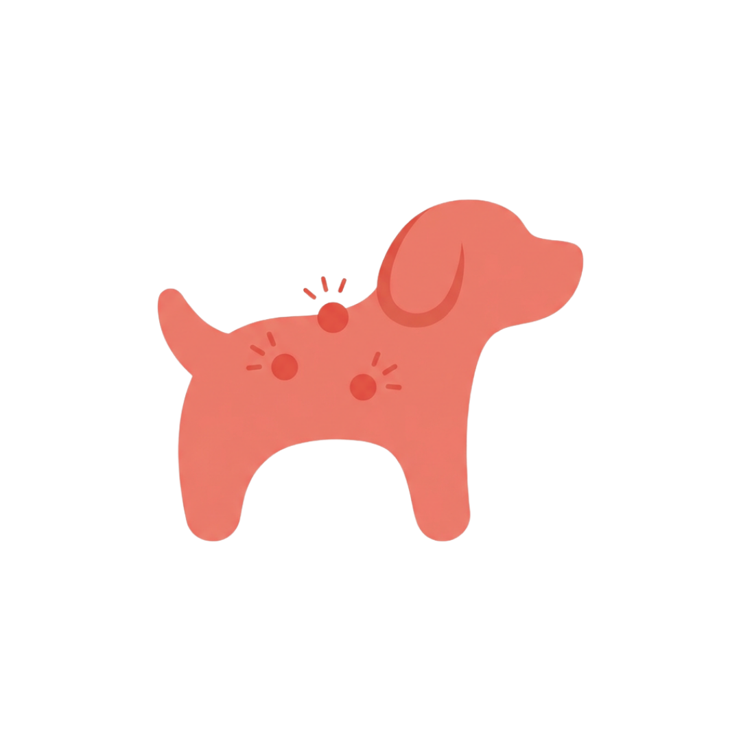 An illustration of a pink dog with red spots on its back, indicating skin irritation or allergies.