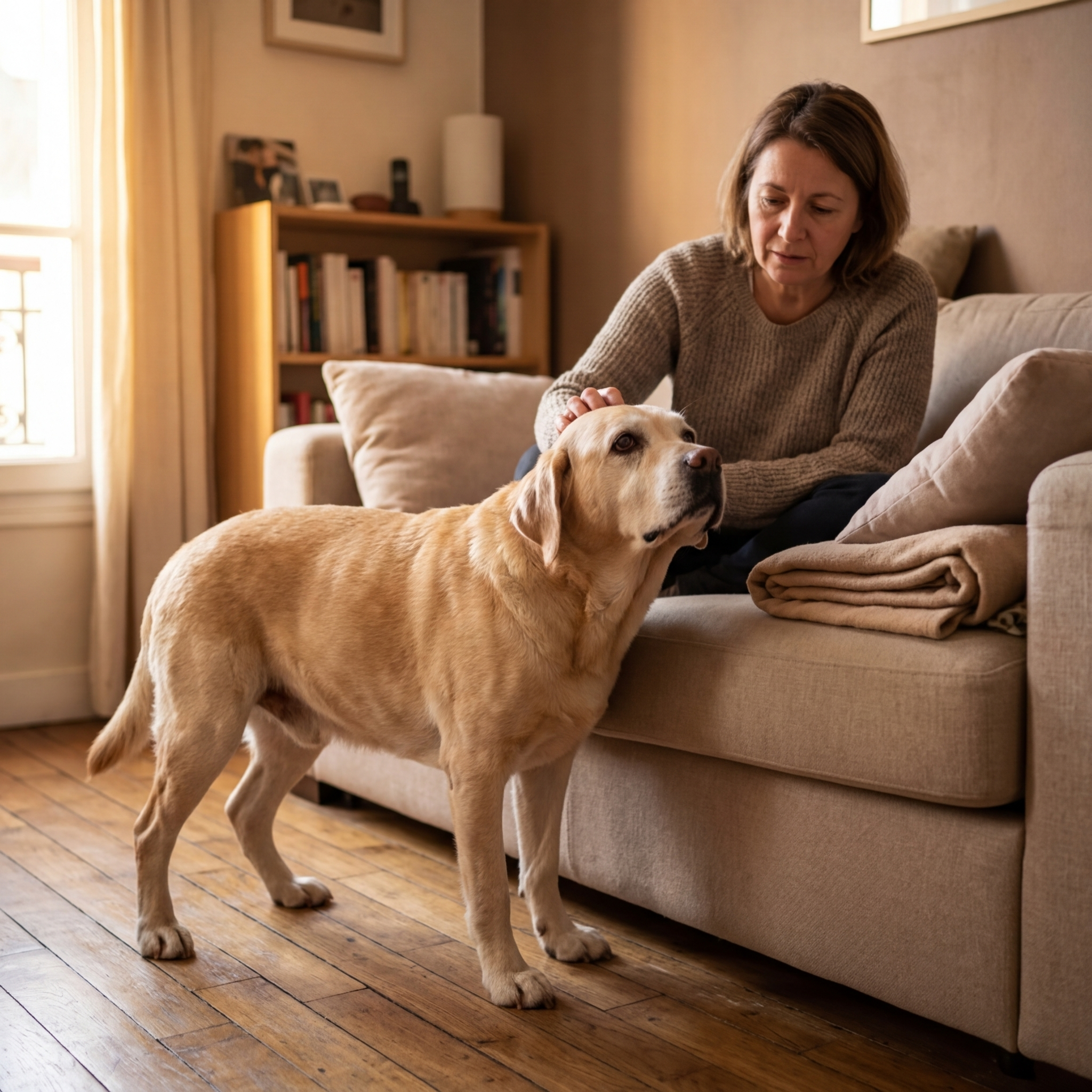 A woman sitting on a couch pets a yellow Labrador retriever standing on a wooden floor.