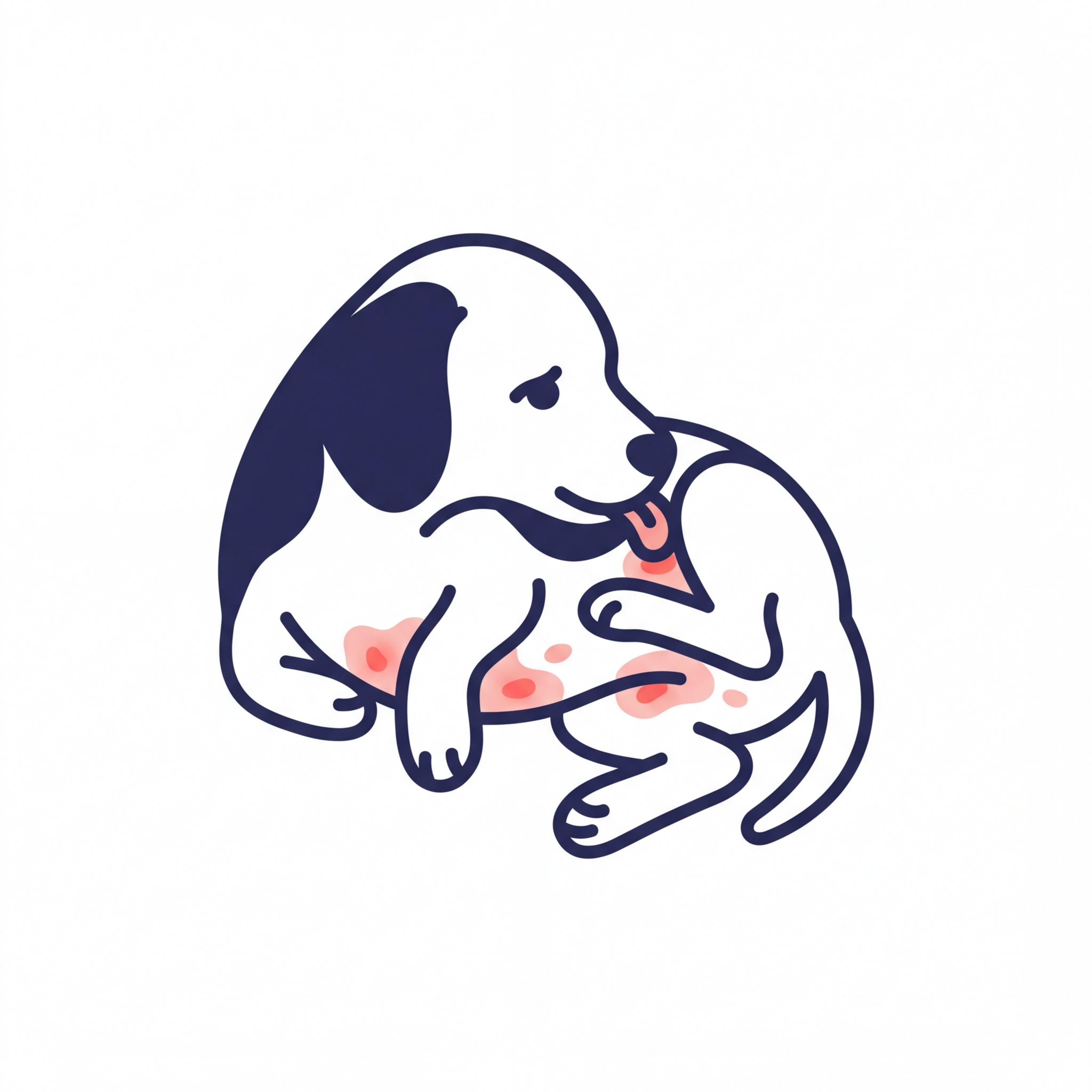 An illustration of a dog with a skin rash licking its irritated stomach and leg.