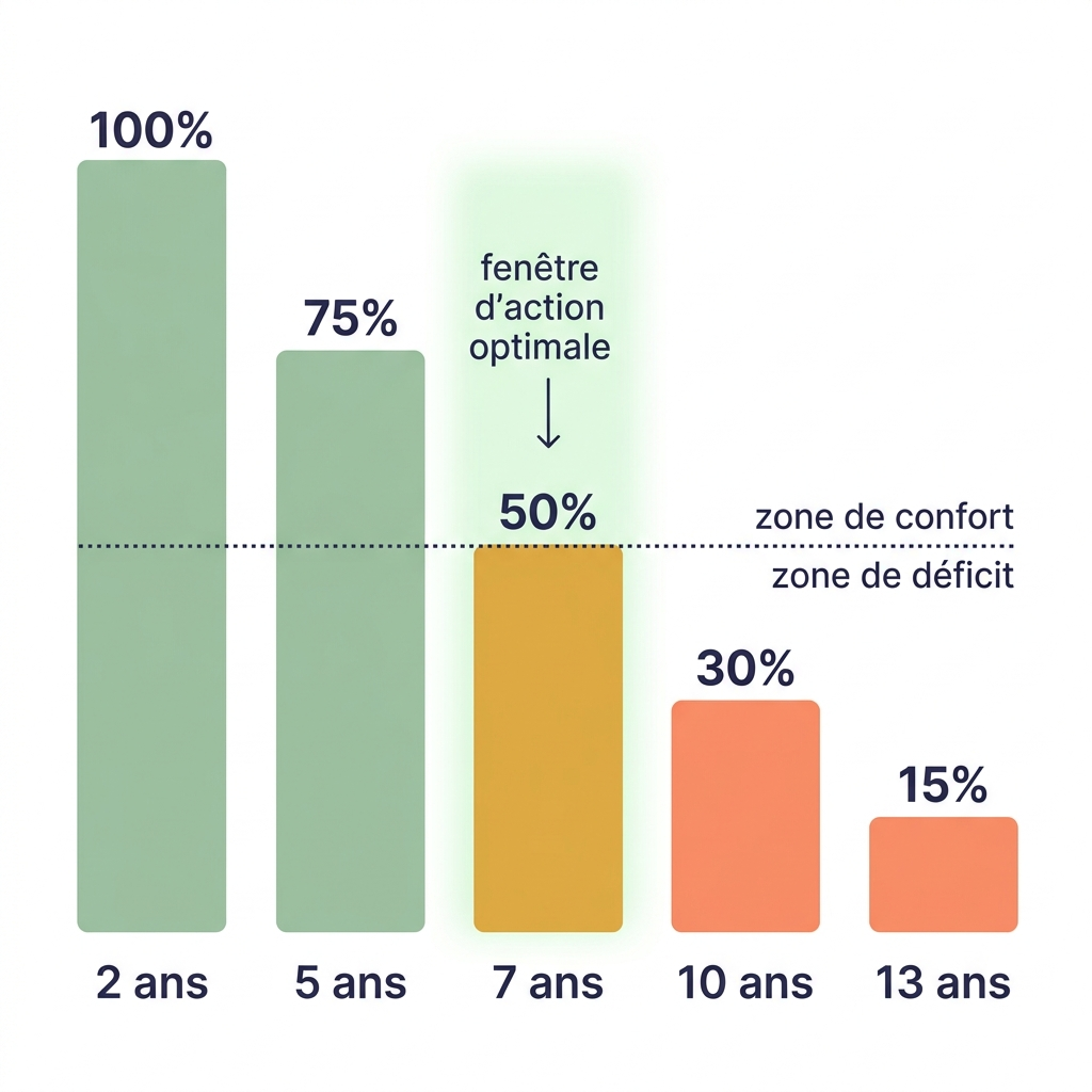 A bar chart in French showing a percentage that declines with age, from 100% at 2 years to 15%.